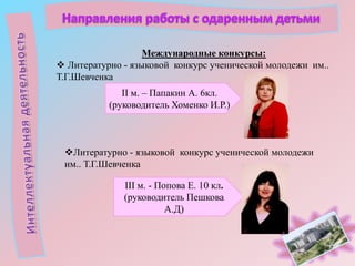 Международные конкурсы:
 Литературно - языковой конкурс ученической молодежи им..
Т.Г.Шевченка
ІІ м. – Папакин А. 6кл.
(руководитель Хоменко И.Р.)

Литературно - языковой конкурс ученической молодежи
им.. Т.Г.Шевченка
ІІІ м. - Попова Е. 10 кл.
(руководитель Пешкова
А.Д)

 
