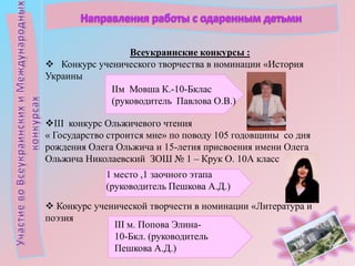 Всеукраинские конкурсы :
 Конкурс ученического творчества в номинации «История
Украины
ІІм Мовша К.-10-Бклас
(руководитель Павлова О.В.)
ІІІ конкурс Ольжичевого чтения
« Государство строится мне» по поводу 105 годовщины со дня
рождения Олега Ольжича и 15-летия присвоения имени Олега
Ольжича Николаевский ЗОШ № 1 – Крук О. 10А класс
1 место ,1 заочного этапа
(руководитель Пешкова А.Д.)
 Конкурс ученической творчести в номинации «Литература и
поэзия
ІІІ м. Попова Элина10-Бкл. (руководитель
Пешкова А.Д.)

 