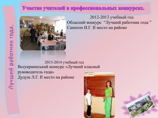 2012-2013 учебный год
Обласний конкурс “Лучший работник года ”
Сапитон И.Г. ІІ место на районе

2013-2014 учебный год

Всеукраинський конкурс «Лучший класный
руководитель года»
Дудуш Л.Г. ІІ место на районе

 