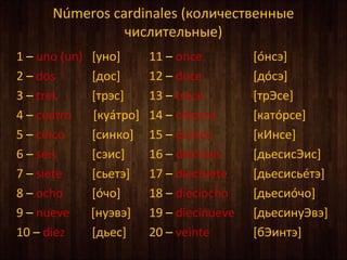 Nmeros cardinales (ܧݧڧ֧ӧ֧ߧߧ
ڧݧڧ֧ݧߧ)
1 C uno (un) [ߧ] 11 C once [ߧ]
2 C dos [է] 12 C doce [ը]
3 C tres [] 13 C trece [⧿]
4 C cuatro [ܧ娢] 14 C catorce [ܧѧ䨮]
5 C cinco [ڧߧܧ] 15 C quince [ܧߧ]
6 C seis [cڧ] 16 C dieiseis [է֧ڧ㧿ڧ]
7 C siete [֧] 17 C dieisiete [է֧ڧ]
8 C ocho [] 18 C dieiocho [է֧ڨ]
9 C nueve [ߧӧ] 19 C dieinueve [է֧ڧߧ姿ӧ]
10 C diez [է֧] 20 C veinte [ҧڧߧ]
 