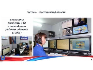 СИСТЕМА - 112 АСТРАХАНСКОЙ ОБЛАСТИ
6
Сегменты
Системы-112
в двенадцати
районах области
(100%)
 