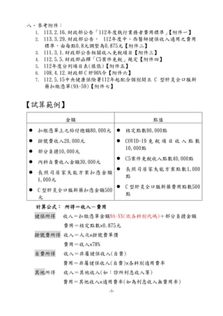 -3-
八、參考附件：
1. 113.2.16.財政部公告「112年度執行業務者費用標準」
【附件一】
2. 113.3.29.財政部公告， 112年度中、西醫師健保收入適用之費用
標準，由每點0.8元調整為0.875元【附件二】
3. 111...