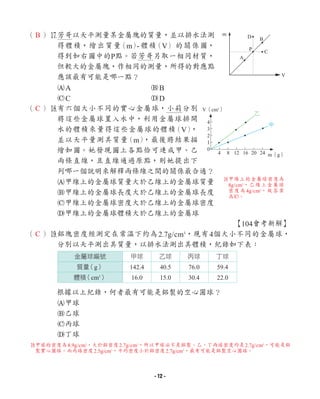 （ ）u
芳哥以天平測量某金屬塊的質量，並以排水法測
得體積，繪出質量
（m）
- 體積
（V）的關係圖，
得到如右圖中的P點。若芳哥另取一相同材質，
但較大的金屬塊，作相同的測量，所得的對應點
應該最有可能是哪一點？
AA BB
CC DD
（ ）i
有六個大小不同的實心金屬球，小莉分別
將這些金屬球置入水中，利用金屬球排開
水的體積來量得這些金屬球的體積
（V）
，
並以天平量測其質量
（m）
，最後將結果描
繪如圖。她發現圖上各點恰可連成甲、乙
兩條直線，且直線通過原點，則她提出下
列哪一個說明來解釋兩條線之間的關係最合適？
A甲線上的金屬球質量大於乙線上的金屬球質量
B甲線上的金屬球長度大於乙線上的金屬球長度
C甲線上的金屬球密度大於乙線上的金屬球密度
D甲線上的金屬球體積大於乙線上的金屬球
【104會考新解】
（ ）o
鋁塊密度經測定在常溫下約為2.7g/cm3
，現有4個大小不同的金屬球，
分別以天平測出其質量，以排水法測出其體積，紀錄如下表：
根據以上紀錄，何者最有可能是鋁製的空心圓球？
A甲球
B乙球
C丙球
D丁球
金屬球編號 甲球 乙球 丙球 丁球
質量
（g） 142.4 40.5 76.0 59.4
體積
（cm3
） 16.0 15.0 30.4 22.0
m
V
A
C
D B
P
4
3
2
1
0
V（cm3
）
m（g）
4 8 12 16 20 24
乙
甲
o
甲球的密度為8.9g/cm3
，大於鋁密度2.7g/cm3
，所以甲球必不是鋁製。乙、丁兩球密度均是2.7g/cm3
，可能是鋁
製實心圓球。而丙球密度2.5g/cm3
，平均密度小於鋁密度2.7g/cm3
，最有可能是鋁製空心圓球。
B
C
C
i
甲線上的金屬球密度為
8g/cm3
，乙線上金屬球
密度為4g/cm3
，故答案
為C。
- 12 -
 