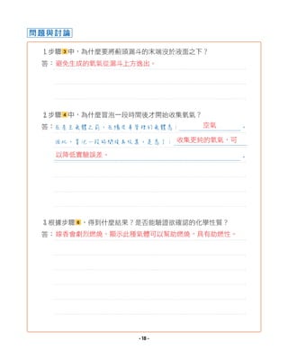 問題與討論
1
步驟 3 中，為什麼要將薊頭漏斗的末端沒於液面之下？
答：
2
步驟 4 中，為什麼冒泡一段時間後才開始收集氧氣？
答：
3
根據步驟 6 ，得到什麼結果？是否能驗證欲確認的化學性質？
答：
在產生氣體之前，在橡皮導管裡的氣體為： 。
因此，冒泡一段時間後再收集，是為了：
。
空氣
避免生成的氧氣從漏斗上方逸出。
線香會劇烈燃燒，顯示此種氣體可以幫助燃燒，具有助燃性。
收集更純的氧氣，可
以降低實驗誤差。
- 18 -
 