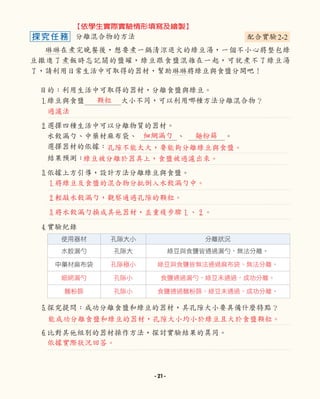 分離混合物的方法
琳琳在煮完晚餐後，想要煮一鍋清涼退火的綠豆湯，一個不小心將整包綠
豆撒進了煮飯時忘記關的鹽罐，綠豆跟食鹽混雜在一起，可就煮不了綠豆湯
了，請利用日常生活中可取得的器材，幫助琳琳將綠豆與食鹽分開吧！
【依學生實際實驗情形填寫及繪製】
探究任務
使用器材 孔隙大小 分離狀況
水餃漏勺 孔隙大 綠豆與食鹽皆通過漏勺，無法分離。
中藥材麻布袋
目的：利用生活中可取得的器材，分離食鹽與綠豆。
1綠豆與食鹽 大小不同，可以利用哪種方法分離混合物？
2選擇四種生活中可以分離物質的器材。
水餃漏勺、中藥材麻布袋、 、 。
選擇器材的依據：
結果預測：
3依據上方引導，設計方法分離綠豆與食鹽。
4實驗紀錄
5探究提問：成功分離食鹽和綠豆的器材，其孔隙大小要具備什麼特點？
6比對其他組別的器材操作方法，探討實驗結果的異同。
配合實驗2-2
1將綠豆及食鹽的混合物分批倒入水餃漏勺中。
2輕敲水餃漏勺，觀察通過孔隙的顆粒。
3將水餃漏勺換成其他器材，並重複步驟1、2。
過濾法
顆粒
細網漏勺
孔隙不能太大，要能夠分離綠豆與食鹽。
綠豆被分離於器具上，食鹽被過濾出來。
麵粉篩
孔隙極小 綠豆與食鹽皆無法通過麻布袋，無法分離。
細網漏勺 孔隙小 食鹽通過漏勺，綠豆未通過，成功分離。
麵粉篩 孔隙小 食鹽通過麵粉篩，綠豆未通過，成功分離。
依據實際狀況回答。
能成功分離食鹽和綠豆的器材，孔隙大小均小於綠豆且大於食鹽顆粒。
- 21 -
 