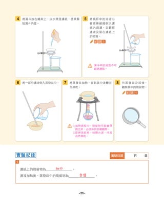 1
實驗紀錄 實驗日期 月 日
濾紙上的殘留物為＿＿＿＿＿＿＿＿。
濾液加熱後，蒸發皿中的殘留物為＿＿＿＿＿＿＿＿。
將漏斗放在鐵架上，以水潤溼濾紙，使其緊
貼漏斗內壁。
將燒杯中的溶液沿
著玻棒緩緩倒入濾
紙內過濾，並觀察
濾液及留在濾紙上
的物質。
待蒸發皿冷卻後，
觀察其中的殘留物。
將蒸發皿加熱，直到其中液體完
全蒸乾。
5
8
7
將一部分濾液倒入蒸發皿中。
4
紀 錄 1
紀 錄 1
6
漏斗中的液面不可
超過濾紙。
1
加熱過程中，殘留物可能會彈
跳出來，必須保持距離觀察。
2
即將蒸乾時，移開火源，待其
自然蒸乾。
細砂
食鹽
- 23 -
 