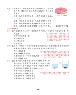 （ ）9
如圖所示，地球地表大氣的組成由甲、乙、丙和
丁代表。關於這四個組成成分的說明，下列何者
正確？
A甲：化學性質非常活潑，易與其他物質結合產生
變化
B乙：常填充於食品包裝，降低食物變質的機會
C丙：將此氣體加壓溶解到糖水中，可成為汽水
D丁：此類氣體含量會隨時間、地點不同而變化 【103會考新解】
2-2 溶液與濃度
（ ）0
阿翰將紅糖加入水中，攪拌後形成水溶液，下列有關此溶液的敘述，何
者錯誤？
A此水溶液為混合物
B紅糖為溶質
C紅糖為溶劑
D水為溶劑
（ ）q
常溫、常壓下，取飽和食鹽水溶液50公克，若想改變此食鹽水溶液的
重量百分率濃度，則下列哪一種操作方式可改變濃度？
A加入15g食鹽
B倒入15g飽和食鹽水
C置於室溫下，等待蒸發15g的水
D加入15g蒸餾水
（ ）w
小思以60℃的水調製一杯飽和蔗糖水溶液，如
圖1所示；將其靜置使溫度降至室溫時，會如
圖2所示。若不考慮水的蒸發，則飽和蔗糖水
溶液降溫後的溶解度變化應為下列何者？
A飽和溶液，溶解度變小
B飽和溶液，溶解度不變
C未飽和溶液，溶解度變大
D未飽和溶液，溶解度不變
甲 78％
乙 21％
丙 0.9％
丁 0.1％
圖1 圖2
降溫
沉澱
D
C
D
A
9
占有78%的甲為氮氣，性質穩定；占有
21%的乙為氧氣，易與其他物質結合產
生變化；丙為氬氣，為惰性氣體，加壓
後可成為汽水的氣體為二氧化碳；丁為
其他微量氣體，於空氣中的含量會依許
多因素而變化。故選D。
w
蔗糖的溶解度會隨著溫度下降而降低，由於杯內還
有蔗糖沉澱，因此圖2仍為飽和溶液。故選A。
q
A溶液達飽和後即使再加入溶質，溶質也不會溶
解，濃度不變；B濃度不變；C蒸發後水量雖然減
少，但食鹽亦會析出，依然是飽和狀態，濃度不
變；D溶質重不變而溶液重增加，即溶液被稀釋
了，故重量百分率濃度減小。故選D。
- 28 -
 