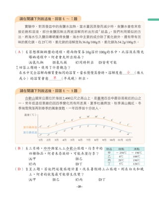 實驗中，對蒸發皿中的食鹽水加熱，當水量因蒸發而減少時，食鹽水會愈來愈
接近飽和溶液，部分食鹽因無法再被溶解而析出形成
「結晶」
。我們利用類似的方
法，將海水引入鹽田曝晒獲得食鹽，海水中主要的成分除了氯化鈉外，還有帶有苦
味的氯化鎂。在25℃時，氯化鈉的溶解度為36.0g/100g水，氯化鎂為54.2g/100g水。
（ ）6若想模擬晒鹽的過程，將兩物質各10g溶於100g的水中，此溶液在陽光
曝晒過程中，何者會先析出結晶？
A氯化鈉 B氯化鎂 C同時析出 D皆有可能
7回答上題時，使用了什麼觀念？
在水中完全溶解兩種質量相同的溶質，當水慢慢蒸發時，溶解度愈 （填大
或小）的溶質會愈 （早或晚）析出。
請在閱讀下列敘述後，回答6 ∼ 7題
合歡山國家公園位於海拔2,400公尺之高山上，是臺灣百岳中最容易親近的山之
一。常年低溫但景緻仍因四季變化而有所差異，夏季杜鵑齊放、秋季滿山楓紅、冬
季瑞雪飛落再到春季的萬象復甦，一年四季皆十分迷人。
請在閱讀下列敘述後，回答8 ∼ 9題
（ ）8三月時，玲玲與家人上合歡山旅遊，行李中的
四種物品，何者未存放好，可能弄溼行李？
A甲 B乙
C丙 D丁
（ ）9呈上題，若他們延後旅遊計畫，改在暑假時上山旅遊，則在白天和晚
上，何者的狀態最可能發生改變？
A甲 B乙 C丙 D丁
1月 5月
-1° -1°
3°
1°
2°
5° 6° 6°
9° 9°
10° 10°
-7° -7°
-3°
-6°
-5°
-2°
0° 0°
2° 2°
3° 3°
9月
3月 7月 11月
2月 6月 10月
4月 8月 12月
溫度
（℃）
當日最高溫
當日最低溫
物品 熔點 沸點
甲 － 250℃ － 190℃
乙 0℃ 100℃
丙 20℃ 190℃
丁 5℃ 120℃
A
小
早
B
D
- 31 -
 
