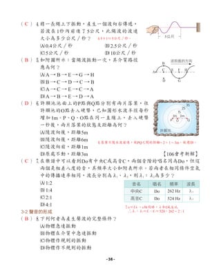 （ ）4
將一長繩上下振動，產生一個波向右傳遞，
若波在1秒內前進了5公尺，此繩波的波速
大小為多少公尺∕秒？
A0.4公尺∕秒 B2.5公尺∕秒
C5公尺∕秒 D10公尺∕秒
（ ）5
如附圖所示：當繩波振動一次，其介質路徑
應為何？
AA → B → E → G → H
BB → C → D → C → B
CA → C → E → C → A
DA → B → E → D → A
（ ）6
許願池池面上的P點與Q點分別有兩片落葉，往
許願池的O點丟入硬幣，已知圓形水波半徑每秒
增加1m。P、Q、O點在同一直線上，丟入硬幣
一秒後，兩片落葉的狀態及距離為何？
A隨波向後，距離5m
B隨波向後，距離6m
C隨波向前，距離1m
D原處不動，距離3m 【106會考新解】
（ ）7
在樂譜中可以看到Do有中央C或高音C，兩個音階的唱名同為Do，但這
兩個是相差八度的音，其頻率大小如附表所示。若兩者在相同條件空氣
中的傳播速率相同，波長分別為λ1、λ2，則λ1：λ2為多少？
A1:2
B1:4
C2:1
D4:1
3-2 聲音的形成
（ ）8下列何者為產生聲波的完整條件？
A物體急速振動
B物體在介質中急速振動
C物體作規則的振動
D物體作不規則的振動
5公尺
A
C E F H
D G
B
波前進的方向
音名 唱名 頻率 波長
中央C Do 262 Hz λ1
高音C Do 524 Hz λ2
許願池
C
B
D
C
B
7v＝fλ，v相同時，λ和f成反比
∴λ
1：λ
2＝f2：f1＝524：262 = 2 : 1
45÷1＝5公尺∕秒。
6落葉不隨水波前進，故PQ之間的距離= 2 + 1 = 3m。故選D。
- 38 -
 