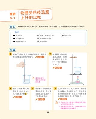 加熱相同質量的水和甘油，比較其溫度上升的差異，了解物質種類與溫度變化的關係。
目的
1 水50公克
2 甘油50公克
3 100mL燒杯2個
4 鐵架（附鐵環）1組
5 陶瓷纖維網1個
6 酒精燈1個
7 溫度計1支
器材
實驗
5–1
物體受熱後溫度
上升的比較
將50公克的水倒入100mL的燒杯裡，利用溫
度計測量並記錄水的初溫T0。
取 另 一 燒 杯 加 入 相
同初溫T0的甘油50公
克，並重複步驟 2 。
將水和甘油每30秒所
量測的溫度，及計算
各自的上升溫度
（T －
T0）填入表格中。
1
3 4
將燒杯置於陶瓷纖
維網上加熱，每間
隔 30秒 記 錄 水 溫
（T）一次，連續記
錄五次。
以上升溫度
（T － T0）為縱軸，加熱時
間為橫軸，將水和甘油的上升溫度與
加熱時間的關係，分別以不同顏色繪
製成兩條直線於同一張方格紙上。
步驟
2
5
紀 錄 1
紀 錄 1
紀 錄 1
紀 錄 1 紀 錄 2
1甘油與水在方格紙上的數據點及直線
以不同的顏色表示。
2斜直線要通過原點，且讓斜直線和每
個數據點間的距離最小。
量測溫度時，
溫度計不可碰
到杯底。
- 60 -
 