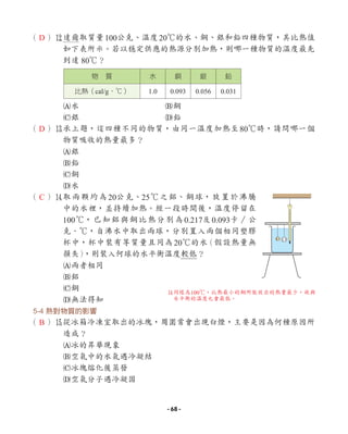 （ ）w
達爾取質量100公克、溫度20℃的水、銅、銀和鉛四種物質，其比熱值
如下表所示。若以穩定供應的熱源分別加熱，則哪一種物質的溫度最先
到達 80℃？
A水 B銅
C銀 D鉛
（ ）e
承上題，這四種不同的物質，由同一溫度加熱至80℃時，請問哪一個
物質吸收的熱量最多？
A銀
B鉛
C銅
D水
（ ）r
取兩顆均為20公克、25℃之鋁、銅球，放置於沸騰
中的水裡，並持續加熱。經一段時間後，溫度停留在
100℃，已知鋁與銅比熱分別為0.217及0.093卡∕公
克．℃，自沸水中取出兩球，分別置入兩個相同塑膠
杯中，杯中裝有等質量且同為20℃的水
（假設熱量無
損失）
，則裝入何球的水平衡溫度較低？
A兩者相同
B鋁
C銅
D無法得知
5-4 熱對物質的影響
（ ）t
從冰箱冷凍室取出的冰塊，周圍常會出現白煙，主要是因為何種原因所
造成？
A冰的昇華現象
B空氣中的水氣遇冷凝結
C冰塊熔化後蒸發
D空氣分子遇冷凝固
物 質 水 銅 銀 鉛
比熱（cal/g．℃） 1.0 0.093 0.056 0.031
r
同樣為100℃，比熱最小的銅所能放出的熱量最少，故與
水平衡的溫度也會最低。
D
D
C
B
- 68 -
 
