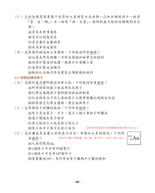 （ ）q
玲玲將常溫常壓下的某些元素物質分為兩類，已知分類結果中一組有
「金、汞、銅」
，另一組有「硫、石墨」
，請問她最可能依何種規則來分
類？
A是否具有導電性
B是否以固態存在
C是否屬於金屬物質
D是否具有延展性
（ ）w
有關所描述的元素應用，下列敘述何者錯誤？
A石墨為黑色固體，可作為電極和鉛筆芯的材料
B硫用於製造矽晶圓，應用於半導體工業
C金用於製成金飾品
D銀的化合物可作為變色太陽眼鏡的材料
6-3 物質結構與原子
（ ）e
關於道耳頓所提出的原子說，下列敘述何者錯誤？
A所有物質的最小組成單位為原子
B化學反應將原子重新排列組成新物質
C化合物是由不同元素的原子以簡單整數比例結合而成
D物質發生化學反應時，會生成新原子
（ ）r
有關原子結構的敘述，下列何者錯誤？
A原子是由質子、中子、電子三個主要粒子所構成
B電子環繞在原子核外
C原子核的大小就是原子的大小
D質子和中子集中在原子核內
（ ）t
右圖為某金屬元素的表示方法，有關此元素的敘述，下列何
者錯誤？
A元素符號為Au
B1個原子中含有79個電子
C1個原子中含有197個中子
D質量數為197，是所有的質子數與中子數的總和
Au
79
197
C
B
D
C
C
rC科學家將電子的運動範圍視為原子的大小。
tC中子數＝質量數－質子數（原子序）＝197－79＝118。
- 82 -
 