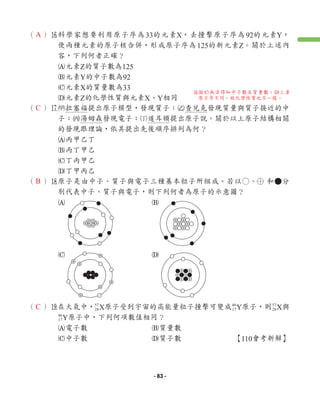 （ ）y
科學家想要利用原子序為33的元素X，去撞擊原子序為92的元素Y，
使兩種元素的原子核合併，形成原子序為125的新元素Z。關於上述內
容，下列何者正確？
A元素Z的質子數為125
B元素Y的中子數為92
C元素X的質量數為33
D元素Z的化學性質與元素X、Y相同
（ ）u
1拉塞福提出原子模型，發現質子；2查兌克發現質量與質子接近的中
子；3湯姆森發現電子；4道耳頓提出原子說。關於以上原子結構相關
的發現跟理論，依其提出先後順序排列為何？
A丙甲乙丁
B丙丁甲乙
C丁丙甲乙
D丁甲丙乙
（ ）i
原子是由中子、質子與電子三種基本粒子所組成。若以○、 和●分
別代表中子、質子與電子，則下列何者為原子的示意圖？
A B
C D
（ ）o
在大氣中，57
28X原子受到宇宙的高能量粒子撞擊可變成46
17Y原子，則57
28X與
46
17Y原子中，下列何項數值相同？
A電子數 B質量數
C中子數 D質子數 【110會考新解】
y
BC無法得知中子數及質量數；D三者
原子序不同，故化學性質也不一樣。
A
C
B
C
- 83 -
 