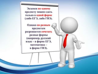 Экзамен по одному
предмету можно сдать
только в одной форме
(либо ЕГЭ, либо ГВЭ).
Однако по разным
предметам
разрешается сочетать
разные формы
(например, русский
язык – в форме ЕГЭ,
математика –
в форме ГВЭ).
 