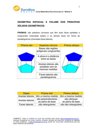 Curso Matemática Para Concursos II – Módulo II 
2 
GEOMETRIA ESPACIAL E VOLUME DOS PRINCIPAIS 
SÓLIDOS GEOMÉTRICOS 
PRISMAS: são poliedros convexos que têm duas faces paralelas e 
congruentes (chamadas bases) e as demais faces em forma de 
paralelogramos (chamadas faces laterais). 
Prisma reto Aspectos comuns Prisma oblíquo 
Bases são regiões 
poligonais congruentes 
A altura é a distância 
entre as bases 
Arestas laterais são 
paralelas com as 
mesmas medidas 
Faces laterais são 
paralelogramos 
Objeto Prisma reto Prisma oblíquo 
Arestas laterais têm a mesma medida têm a mesma medida 
Arestas laterais são perpendiculares 
ao plano da base 
são oblíquas 
ao plano da base 
Faces laterais são retangulares não são retangulares 
LEMBRETE: Todos os módulos do curso são revisados pela equipe www.somaticaeducar.com.br , 
quaisquer divergência com sinais, números, símbolos, soluções dos exercícios, problemas de digitação 
ou outros problemas, a www.somaticaeducar.com.br deverá ser comunicada imediatamente para que 
sejam resolvidos tais problemas. 
 
