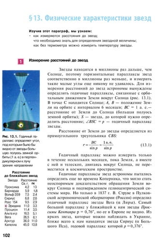 Изучив этот параграф, мы узнаем:
• как измеряются расстояния до звезд;
что необходимо знать для определения звездной величины;
как без термометра можно измерить температуру звезды.
Рис. 13.1. Годичный па­
раллакс определяет угол,
под которым было бы
видно от звезды боль­
шую полуось земной ор­
биты (1 а. е.) в перпен­
дикулярном к лучу
зрения направлении
Измерение расстояний до звезд
Звезды находятся в миллионы раз дальше, чем
Солнце, поэтому горизонтальные параллаксы звезд
соответственно в миллионы раз меньше, и измерить
такие малые углы еще никому не удавалось. Для из­
мерения расстояний до звезд астрономы вынуждены
определять годичные параллаксы, связанные с орби­
тальным движением Земли вокруг Солнца (рис. 13.1).
В точке С находится Солнце; А, В — положение Зем­
ли на орбите с интервалом 6 месяцев; ВС = 1 а. е.—
расстояние от Земли до Солнца (большая полуось
земной орбиты); S — звезда, до которой нужно опре­
делить расстояние; BSC = р — годичный параллакс
звезды.
Расстояние от Земли до звезды определяется из
прямоугольного треугольника CBS:
Расстояние
до ближайших звезд
Звезда
Проксима
Барнарда
Вольф 359
Сириус
Росс 154
Эридана
Процион
Альта и р
Вега
Арктур
Капелла
Расстояние
Св. г.
4,2
5,9
7,5
8,8
9,5
11,0
11,4
16,5
26,5
36,0
45,0
ПК
13
1,8
2,4
2,6
2,9
3,3
3,5
5,1
8,1
11,0
13,8
(13.1)
Годичный параллакс можно измерять только
в течение нескольких месяцев, пока Земля, а вместе
с ней и телескоп, двигаясь вокруг Солнца, не пере­
местится в космическом пространстве.
Годичные параллаксы звезд астрономы пытались
определять еще во времена Коперника, что могло стать
неоспоримым доказательством обращения Земли во­
круг Солнца и подтверждением гелиоцентрической си­
стемы мира. Но только в 1837 г. В. Струве в Пулков­
ской астрономической обсерватории (Россия) определил
годичный параллакс звезды Вега ( Лиры). Самый
большой параллакс у ближайшей к нам звезды Прок-
симы Кентавра р = 0,76", но ее в Европе не видно. Из
ярких звезд, которые можно наблюдать в Украине,
ближе всего к нам находится звезда Сириус ( Боль­
шого Пса), годовой параллакс которой р = 0,376".
102
 