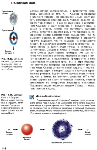 §14. ЭВОЛЮЦИЯ ЗВЕЗД
Рис. 14.10. Солнечная
система образовалась
5 млрд лет назад из
огромного газопыле­
вого облака
Солнца начнет увеличиваться, а температура фото­
сферы снизится до 4000 К — Солнце превратится
в красного гиганта. На небосклоне Земли будет све­
тить гигантский красный шар, угловой диаметр ко­
торого увеличится в 10 раз по сравнению с современ­
ным Солнцем и будет достигать 5°. Голубого неба на
Земле не станет, потому что светимость будущего
Солнца вырастет в десятки раз, а температура на по­
верхности нашей планеты будет больше чем 1000 К.
Выкипят океаны, и Земля превратится в страшную
горячую пустыню, чем-то похожую на современную
Венеру. В Солнечной системе такая температура, ко­
торая сейчас на Земле, будет только на окраинах —
на спутниках Сатурна и Урана. В стадии красного ги­
ганта Солнце будет светить примерно 100 млн лет,
после чего верхняя оболочка оторвется от ядра и нач­
нет расширяться в межзвездное пространство в виде
планетарной туманности (рис. 14.11). При расшире­
нии наверняка испарятся все планеты земной группы,
и на месте Солнца останется белый карлик — малень­
кое горячее ядро, в котором когда-то протекали термо­
ядерные реакции. Радиус белого карлика будет не боль­
ше, чем у Земли, но плотность достигнет 10
10
кг/м
3
.
Белый карлик не имеет источников энергии, поэтому
температура его поверхности постепенно понизится.
Последняя стадия эволюции нашего Солнца — холод­
ный черный карлик.
Рис. 14.11. Эволюция
Солнца в будущем.
Солнце может светить
еще 5 млрд лет. Затем
оно преобразуется
в красного гиганта, ко­
торый сожжет все жи­
вое на Земле
Для любознательных
Солнечная система образовалась 5 млрд лет назад из гигант­
ского облака газа и пыли. А раньше вместо этого облака существо­
вала звезда, которая взорвалась как Сверхновая. То есть наше Солн­
це относится уже ко второму (а возможно и третьему) поколению
звезд, имеющих много тяжелых химических элементов, из которых
образовались планеты земной группы.
116
 