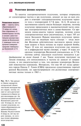 §16. ЭВОЛЮЦИЯ ВСЕЛЕННОЙ
Реликтовое фоновое излучение
Те кванты электромагнитного излучения, которые оторвались
от элементарных частиц в эру излучения, доходят до нас со всех сто­
рон и отвечают электромагнитному излучению черно­
го тела с температурой 2,7 К (рис. 16.1). В начале су­
ществования кванты имели большую энергию, поэтому
излучение происходило в высокочастотной части спек­
тра электромагнитных волн в гамма-диапазоне. Со вре­
менем гамма-кванты теряли энергию, поэтому длина
электромагнитных волн увеличивалась, и через 105 лет
после Большого Взрыва максимум излучения прихо­
дился уже на видимую часть спектра — тогда моло­
дая Вселенная действительно выглядела ярким огнен­
ным шаром и была похожа на взрыв ядерной бомбы.
Через 10 млн лет максимум излучения уже находил­
ся в инфракрасной части спектра, а через 14 млрд лет
средняя температура Вселенной уменьшилась до 2,7 К,
поэтому сейчас максимум излучения находится в ра­
диодиапазоне на волне длиной 1 мм. Такое излучение поступает на
Землю отовсюду, его интенсивность и частота не зависят от направ­
ления, и это свидетельствует о том, что средняя температура Вселен­
ной повсеместно одинакова. Интересно, что еще 60 лет назад уроже­
нец города Одессы Г. Гамов (США) предсказал существование горячей
ранней Вселенной, но зарегистрировали эти реликтовые электромаг­
нитные волны только в 1965 г.
Рис. 16.1. Чем дальше
от Земли находится
космический объект,
тем более молодым мы
его видим, потому что
свет от него достигает
поверхности Земли че­
рез миллиарды лет. На
границе видимой части
Вселенной с расстоя­
ния 10 млрд св. лет по­
ступает излучение, ко­
торое образовалось во
времена Большого
Взрыва. На расстоянии
5 млрд св. лет мы ви­
дим квазары, из кото­
рых позже сформиру­
ются галактики
128
 