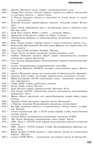 ПРИЛОЖЕНИЯ
1860 г. Джеймс Максвелл создал теорию электромагнитного поля.
1864 г. Эдуард Рош доказал наличие нижнего предела для орбиты естественно­
го спутника планеты — предел Роша.
1865 г. Г. Рихтер выдвинул гипотезу о занесении на Землю жизни из космо­
са — панспермия.
1865 г. Рудольф Клаузиус сформулировал парадокс «тепловой смерти Вселен­
ной».
1871 г. Джон Рэлей опубликовал труд о поляризации света и объяснил голу­
бой цвет неба.
1877 г. Асаф Холл открыл Фобос и Демос — спутники Марса.
1881 г. Джованни Скиапарелли открыл на Марсе «каналы».
1884 г. Гринвичский меридиан по международному соглашению принято за на­
чальный.
1900 г. Макс Планк открыл энергию кванта и закон излучения черного тела.
1902 г. Константин Циолковский (Россия) вывел формулу для определения ско­
рости ракеты.
1908 г. упал Тунгусский метеорит (Сибирь, Россия).
1913 г. Генри Рессел построил диаграмму спектр-светимость звезд.
1917 г. Альберт Эйнштейн согласно общей теории относительности построил
статическую модель Вселенной.
1919 г. Гуго Зелигер сформулировал гравитационный парадокс бесконечной Все­
ленной.
1919 г. создан международный астрономический союз-МАС.
1922 г. Александр Фридман (РСФСР) построил нестатическую модель Вселен­
ной.
1925 г. введено Всемирное время для вычисления астрономических эфемерид.
1925 г. Джордж Хейл открыл 22-летнюю периодичность активности Солнца.
1929 г. Юрий Кондратюк (СССР) опубликовал книгу «Завоевание межпланет­
ных пространств».
1929 г. Эдвин Хаббл открыл разбегание галактик.
1930 г. Клайд Томбо открыл Плутон.
1931 г. Карл Янский открыл радиоизлучение Млечного Пути.
1932 г. Лев Ландау (СССР) теоретически доказал возможность существования
нейтронных звезд.
1934 г. Франк Дайсон предложил для энергосбережения создать сферу вокруг
Солнца.
1946 г. Джордж Гамов предложил горячую модель Вселенной.
1950 г. в Париже основана Международная федерация астронавтики.
1950 г. Ян Оорт выдвинул гипотезу о существовании «облака комет» за орби­
той Плутона.
1957 г. начало космической эры: в СССР создан первый в мире искусственный
спутник Земли.
1958 г. создано НАСА (национальное космическое агентство) (США).
1958 г. Ван Аллен обнаружил радиационные пояса вокруг Земли.
1959 г. АМС «Луна-1» (СССР) стала первой искусственной планетой Солнечной
системы.
1959 г. АМС «Луна-3» (СССР) впервые в мире сфотографировала обратную сто­
рону Луны.
1961 г. Юрий Гагарин (СССР) впервые в мире облетел Землю на космическом
корабле «Восток».
1963 г. создана СЕТИ (SETI) — организация для поисков жизни во Вселенной.
153
 