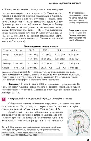§4. ЗАКОНЫ ДВИЖЕНИЯ ПЛАНЕТ
к Земле, их не видно, потому что к нам повернуто
ночное полушарие планеты (рис. 4.1). Такая конфи­
гурация называется нижним соединением с Солнцем
В верхнем соединении планету тоже не видно, пото­
му что между ней и Землей находится яркое Солнце.
Лучшие условия для наблюдения Венеры и Мерку­
рия бывают в конфигурациях, называемых элонга-
циями. Восточная элонгация (ВЭ) — это положение,
когда планета видна вечером В1 слева от Солнца. За­
падная элонгация (ЗЭ) Венеры наблюдается утром,
когда планета видна справа от Солнца в восточной
части небосклона B2.
Конфигурации ярких планет
Планета
Венера
Марс
Юпитер
Сатурн
2011 р.
8.01 (ЗЭ)
—
29.10 (ПС)
4.04 (ПС)
2012 р.
22.03 (ВЭ)
3.03 (ПС)
3.12 (ПС)
15.04 (ПС)
2013 р.
1.11 (ВЭ)
18.04 (Сп)
19.06 (Сп)
28.04 (ПС)
2014 р.
22.03 (ЗЭ)
8.04 (ПС)
5.01 (ПС)
10.05 (ПС)
2015 р.
6.06 (ВЭ)
14.06 (Сп)
6.02 (ПС)
23.05 (ПС)
Условные обозначения: ПС — противостояние, планета видна всю ночь;
Сп — сообщение с Солнцем, планета не видна; (ВЭ) — восточная элонгация,
планета видна вечером в западной части горизонта; ЗЭ — западная элонга­
ция, планета видна утром в восточной части небосклона.
Внимание! Утром 6 июня 2012 г. состоится прохождение Ве­
неры по диску Солнца, когда планета в нижнем соединении пересе­
кает плоскость эклиптики. Следующее прохождение нужно ждать до
декабря 2117 г.
Сидерический и синодический периоды обращения планет
Сидерический период обращения определяет движение тел отно­
сительно звезд. Это время, за которое планета, двигаясь по орбите,
совершает полный оборот вокруг Солнца (рис. 4.2).
Синодический период обращения определяет
движение тел относительно Земли и Солнца. Это про­
межуток времени, за который наблюдаются одни и те
же последовательные конфигурации планет (противо-
Рис. 4.2. Путь, соответствующий сидерическому периоду обраще­
ния Марса вокруг Солнца, изображен пунктиром синего цвета,
синодическому — пунктиром красного цвета.
Противостояние —
планета видна с Зем­
ли целую ночь в про­
тивоположном от
Солнца направлении
Элонгация — види­
мое с поверхности
Земли угловое рас­
стояние между пла­
нетой и Солнцем
31
 
