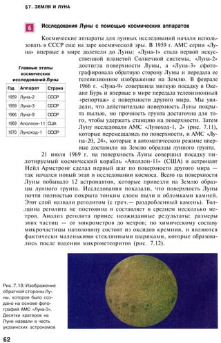 §7. ЗЕМЛЯ И ЛУНА
Главные этапы
космических
исследований Луны
Исследования Луны с помощью космических аппаратов
Космические аппараты для лунных исследований начали исполь­
зовать в СССР еще на заре космической эры. В 1959 г. АМС серии «Лу­
на» впервые в мире долетели до Луны: «Луна-1» стала первой искус­
ственной планетой Солнечной системы, «Луна-2»
достигла поверхности Луны, а «Луна-3» сфото­
графировала обратную сторону Луны и передала ее
телевизионное изображение на Землю. В феврале
1966 г. «Луна-9» совершила мягкую посадку в Оке­
ане Бурь и впервые в мире передала телевизионный
«репортаж» с поверхности другого мира. Мы уви­
дели, что действительно поверхность Луны покры­
та пылью, но прочность грунта достаточна для то­
го, чтобы удержать станцию на поверхности. Затем
Луну исследовали АМС «Луноход-1, 2» (рис. 7.11),
которые перемещались по поверхности, и АМС «Лу-
на-20, 24», которые в автоматическом режиме впер­
вые доставили на Землю образцы лунного грунта.
21 июля 1969 г. на поверхность Луны совершил посадку пи­
лотируемый космический корабль «Аполлон-11» (США) и астронавт
Нейл Армстронг сделал первый шаг по поверхности другого мира —
так начался новый этап в исследовании космоса. Всего на поверхности
Луны побывало 12 астронавтов, которые привезли на Землю образ­
цы лунного грунта. Исследования показали, что поверхность Луны
почти полностью покрыта тонким слоем пыли и обломками камней.
Этот слой назвали реголитом (с греч.— раздробленный камень). Тол-
.щина реголита не постоянна и составляет в среднем несколько ме­
тров. Анализ реголита принес неожиданные результаты: размеры
этих частиц — от микрометров до метров; по химическому составу
микрочастицы наполовину состоят из оксидов кремния, и являются
фактически маленькими стеклянными шариками, которые образова­
лись после падения микрометеоритов (рис. 7.12).
Год
1959
1959
1966
1969
1970
Аппарат
Луна-2
Луна-3
Луна-9
Аполлон-11
Луноход-1
Страна
СССР
СССР
СССР
США
СССР
Рис. 7.10. Изображение
обратной стороны Лу­
ны, которое было соз­
дано на основе фото­
графий АМС «Луна-3».
Десятки кратеров на
Луне назвали в честь
украинских астрономов
62
 