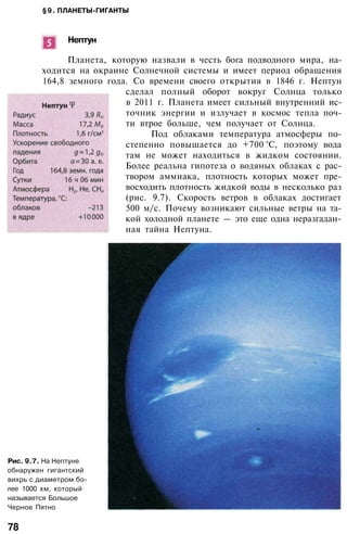 §9. ПЛАНЕТЫ-ГИГАНТЫ
Нептун
Планета, которую назвали в честь бога подводного мира, на­
ходится на окраине Солнечной системы и имеет период обращения
164,8 земного года. Со времени своего открытия в 1846 г. Нептун
сделал полный оборот вокруг Солнца только
в 2011 г. Планета имеет сильный внутренний ис­
точник энергии и излучает в космос тепла поч­
ти втрое больше, чем получает от Солнца.
Под облаками температура атмосферы по­
степенно повышается до +700 °С, поэтому вода
там не может находиться в жидком состоянии.
Более реальна гипотеза о водяных облаках с рас­
твором аммиака, плотность которых может пре­
восходить плотность жидкой воды в несколько раз
(рис. 9.7). Скорость ветров в облаках достигает
500 м/с. Почему возникают сильные ветры на та­
кой холодной планете — это еще одна неразгадан­
ная тайна Нептуна.
Рис. 9.7. На Нептуне
обнаружен гигантский
вихрь с диаметром бо­
лее 1000 км, который
называется Большое
Черное Пятно
78
 