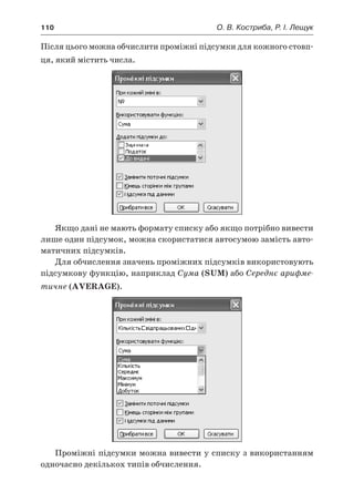 110	 О. В. Костриба, Р. І. Лещук
Після цього можна обчислити проміжні підсумки для кожного стовп-
ця, який містить числа.
Якщо дані не мають формату списку або якщо потрібно вивести
лише один підсумок, можна скористатися автосумою замість авто-
матичних підсумків.
Для обчислення значень проміжних підсумків використовують
підсумкову функцію, наприклад Сума (SUM) або Середнє арифме-
тичне (AVERAGE).
Проміжні підсумки можна вивести у списку з використанням
одночасно декількох типів обчислення.
 