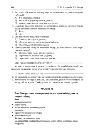 116	 О. В. Костриба, Р. І. Лещук
3.	Які з цих дій можна виконувати за допомогою подання зведеної
таблиці?
	 А)	 Усі нижченаведені;
	 Б)	 аналіз і підсумовування даних;
	 В)	 упорядкування та порівняння даних.
4.	Подання зведеної таблиці створюється шляхом перетягнення
полів зі списку полів зведеної таблиці.
	 А)	 Так;
	 Б)	 ні.
5.	Що таке поля зведеної таблиці?
	 А)	 Стовпці вихідних даних;
	 Б)	 область макета звіту зведеної таблиці;
	 В)	 область, де збираються дані.
6.	Щоб одержати підсумки обсягів збуту, до якої області слід пере-
тягти це поле?
	 А)	 Перетягніть сюди поля стовпців;
	 Б)	 перетягніть сюди поля рядків;
	 В)	 перетягніть сюди елементи даних.
VIІI. ПІДБИТТЯ ПІДСУМКІВ УРОКУ
Учитель виставляє і коментує оцінки. За необхідності обгово-
рюються помилки, яких учні припускалися під час роботи.
IX. ДОМАШНЄ ЗАВДАННЯ
1.	Опрацювати конспект уроку та відповідний параграф підручника.
2.	Заповнити комірки таблиці значенням денної температури за
минулий тиждень. Побудувати на основі цих даних графік.
УРОК № 15
Тема. Використання розширених фільтрів, проміжні підсумки та
зведені таблиці
Мета:
сформуватипоняття:
yy зведені таблиці;
yy способи обчислення проміжних підсумків;
повторити:
yy відомості про використання фільтрів;
yy принципи консолідації.
Тип уроку: засвоєння нових знань.
Базові поняття й терміни: проміжні підсумки, зведені таблиці, консолідація, розши-
рені фільтри.
 