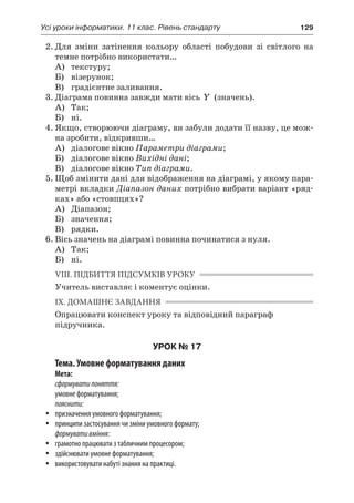 Усі уроки інформатики. 11 клас. Рівень стандарту	 129
2.	Для зміни затінення кольору області побудови зі світлого на
темне потрібно використати…
	 А)	 текстуру;
	 Б)	 візерунок;
	 В)	 градієнтне заливання.
3.	Діаграма повинна завжди мати вісь Y (значень).
	 А)	 Так;
	 Б)	 ні.
4.	Якщо, створюючи діаграму, ви забули додати її назву, це мож-
на зробити, відкривши…
	 А)	 діалогове вікно Параметри діаграми;
	 Б)	 діалогове вікно Вихідні дані;
	 В)	 діалогове вікно Тип діаграми.
5.	Щоб змінити дані для відображення на діаграмі, у якому пара-
метрі вкладки Діапазон даних потрібно вибрати варіант «ряд-
ках» або «стовпцях»?
	 А)	 Діапазон;
	 Б)	 значення;
	 В)	 рядки.
6.	Вісь значень на діаграмі повинна починатися з нуля.
	 А)	 Так;
	 Б)	 ні.
VIII. ПІДБИТТЯ ПІДСУМКІВ УРОКУ
Учитель виставляє і коментує оцінки.
IX. ДОМАШНЄ ЗАВДАННЯ
Опрацювати конспект уроку та відповідний параграф
підручника.
УРОК № 17
Тема. Умовне форматування даних
Мета:
сформуватипоняття:
умовне форматування;
пояснити:
yy призначення умовного форматування;
yy принципи застосування чи зміни умовного формату;
формувативміння:
yy грамотно працювати з табличним процесором;
yy здійснювати умовне форматування;
yy використовувати набуті знання на практиці.
 