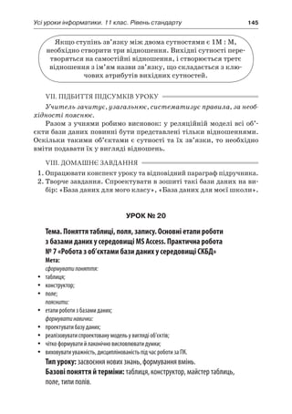 Усі уроки інформатики. 11 клас. Рівень стандарту	 145
Якщо ступінь зв’язку між двома сутностями є 1М : М,
необхідно створити три відношення. Вихідні сутності пере-
творяться на самостійні відношення, і створюється третє
відношення з ім’ям назви зв’язку, що складається з клю-
чових атрибутів вихідних сутностей.
VII. ПІДБИТТЯ ПІДСУМКІВ УРОКУ
Учитель зачитує, узагальнює, систематизує правила, за необ-
хідності пояснює.
Разом з учнями робимо висновок: у реляційній моделі всі об’-
єкти бази даних повинні бути представлені тільки відношеннями.
Оскільки такими об’єктами є сутності та їх зв’язки, то необхідно
вміти подавати їх у вигляді відношень.
VIII. ДОМАШНЄ ЗАВДАННЯ
1.	Опрацювати конспект уроку та відповідний параграф підручника.
2.	Творче завдання. Спроектувати в зошиті такі бази даних на ви-
бір: «База даних для мого класу», «База даних для моєї школи».
УРОК № 20
Тема. Поняття таблиці, поля, запису. Основні етапи роботи
з базами даних у середовищі MS Access. Практична робота
№ 7 «Робота з об’єктами бази даних у середовищі СКБД»
Мета:
сформуватипоняття:
yy таблиця;
yy конструктор;
yy поле;
пояснити:
yy етапи роботи з базами даних;
формуватинавички:
yy проектувати базу даних;
yy реалізовувати спроектовану модель у вигляді об’єктів;
yy чітко формувати й лаконічно висловлювати думки;
yy виховувати уважність, дисциплінованість під час роботи за ПК.
Тип уроку: засвоєння нових знань, формування вмінь.
Базові поняття й терміни: таблиця, конструктор, майстер таблиць,
поле, типи полів.
 