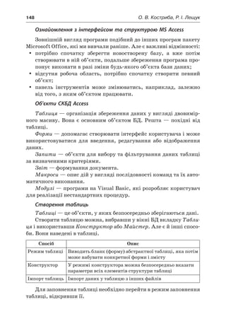 148	 О. В. Костриба, Р. І. Лещук
Ознайомлення з інтерфейсом та структурою MS Access
Зовнішній вигляд програми подібний до інших програм пакету
Microsoft Office, які ми вивчали раніше. Але є важливі відмінності:
yy потрібно спочатку зберегти новостворену базу, а  вже потім
створювати в ній об’єкти, подальше збереження програма про-
понує виконати в разі зміни будь-якого об’єкта бази даних;
yy відсутня робоча область, потрібно спочатку створити певний
об’єкт;
yy панель інструментів може змінюватись, наприклад, залежно
від того, з яким об’єктом працювати.
Об’єкти СКБД Access
Таблиця — організація збереження даних у вигляді двовимір-
ного масиву. Вона є основним об’єктом БД. Решта — похідні від
таблиці.
Форми — допомагає створювати інтерфейс користувача і може
використовуватися для введення, редагування або відображення
даних.
Запити — об’єкти для вибору та фільтрування даних таблиці
за визначеними критеріями.
Звіт — формування документа.
Макроси — опис дій у вигляді послідовності команд та їх авто-
матичного виконання.
Модулі — програми на Visual Basic, які розробляє користувач
для реалізації нестандартних процедур.
Створення таблиць
Таблиці — це об’єкти, у яких безпосередньо зберігаються дані.
Створити таблицю можна, вибравши у вікні БД вкладку Табли-
ця і використавши Конструктор або Майстер. Але є й інші спосо-
би. Вони наведені в таблиці.
Спосіб Опис
Режим таблиці Виводить бланк (форму) абстрактної таблиці, яка потім
може набувати конкретної форми і змісту
Конструктор У режимі конструктора можна безпосередньо вказати
параметри всіх елементів структури таблиці
Імпорт таблиць Імпорт даних у таблицю з інших файлів
Для заповнення таблиці необхідно перейти в режим заповнення
таблиці, відкривши її.
 