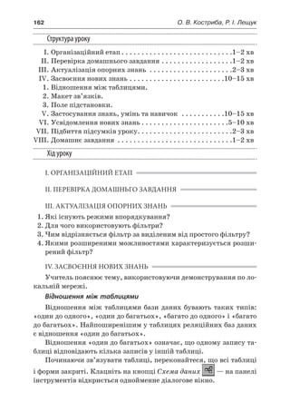 162	 О. В. Костриба, Р. І. Лещук
Структура уроку
	 І.	Організаційний етап. . . . . . . . . . . . . . . . . . . . . . . . . . . . 1–2 хв
	 ІІ.	Перевірка домашнього завдання. . . . . . . . . . . . . . . . . . 1–2 хв
	 ІІІ.	Актуалізація опорних знань . . . . . . . . . . . . . . . . . . . . . 2–3 хв
	 ІV.	Засвоєння нових знань. . . . . . . . . . . . . . . . . . . . . . . . 10–15 хв
	 1.	Відношення між таблицями.
	 2.	Макет зв’язків.
	 3.	Поле підстановки.
	 V.	Застосування знань, умінь та навичок . . . . . . . . . . . 10–15 хв
	 VI.	Усвідомлення нових знань. . . . . . . . . . . . . . . . . . . . . . 5–10 хв
	 VII.	Підбиття підсумків уроку. . . . . . . . . . . . . . . . . . . . . . . . 2–3 хв
	VIII.	Домашнє завдання . . . . . . . . . . . . . . . . . . . . . . . . . . . . . 1–2 хв
Хід уроку
І. ОРГАНІЗАЦІЙНИЙ ЕТАП
ІІ. ПЕРЕВІРКА ДОМАШНЬГО ЗАВДАННЯ
ІІІ. АКТУАЛІЗАЦІЯ ОПОРНИХ ЗНАНЬ
1.	Які існують режими впорядкування?
2.	Для чого використовують фільтри?
3.	Чим відрізняється фільтр за виділеним від простого фільтру?
4.	Якими розширеними можливостями характеризується розши-
рений фільтр?
ІV. ЗАСВОЄННЯ НОВИХ ЗНАНЬ
Учитель пояснює тему, використовуючи демонстрування по ло-
кальній мережі.
Відношення між таблицями
Відношення між таблицями бази даних бувають таких типів:
«один до одного», «один до багатьох», «багато до одного» і «багато
до багатьох». Найпоширенішим у таблицях реляційних баз даних
є відношення «один до багатьох».
Відношення «один до багатьох» означає, що одному запису та-
блиці відповідають кілька записів у іншій таблиці.
Починаючи зв’язувати таблиці, переконайтеся, що всі таблиці
і форми закриті. Клацніть на кнопці Схема даних — на панелі
інструментів відкриється однойменне діалогове вікно.
 