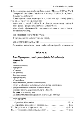 204	 О. В. Костриба, Р. І. Лещук
3.	Експортувати дані з таблиці бази даних у Microsoft Office Word.
Створений документ зберегти в  папку: C:11А(Б...)Тема8
Практична робота12.
Пропонуємо учням перевірити, як виконав практичну роботу
сусід зліва. Критерії оцінювання:
yy наявність у  папці C:11А(Б...) Тема8 електронної таблиці,
бази даних, документа Microsoft Office Word;
yy відповідність інформації у створених документах початковому
текстовому файлу.
VII. ПІДБИТТЯ ПІДСУМКІВ УРОКУ
Учитель оцінює роботу учнів на уроці.
VIII. ДОМАШНЄ ЗАВДАННЯ
Опрацювати конспект уроку та відповідний розділ підручника.
УРОК № 32
Тема. Вбудовування та зв’язування файлів. Веб-публікація
документів
Мета:
сформуватипоняття:
yy вбудовування;
yy зв’язування;
yy веб-публікація;
формуватинавички:
yy вбудовувати файли;
yy зв’язувати файли;
yy зберігати електронні документи в різних форматах;
yy готувати до публікування текстові документи та презентації як веб-сторінки;
yy формувати вміння чітко й лаконічно висловлювати думки;
yy виховувати уважність, дисциплінованість під час роботи з ПК.
Тип уроку: засвоєння нових знань.
Базові поняття й терміни: вбудовування, зв’язування, веб-публікація.
Структура уроку
	 І.	Організаційний етап. . . . . . . . . . . . . . . . . . . . . . . . . . . . 1–2 хв
	 ІІ.	Перевірка домашнього завдання. . . . . . . . . . . . . . . . . . 1–2 хв
	 ІІІ.	Актуалізація опорних знань . . . . . . . . . . . . . . . . . . . . . 3–5 хв
	 IV.	Мотивація навчальної діяльності . . . . . . . . . . . . . . . . . 3–5 хв
 