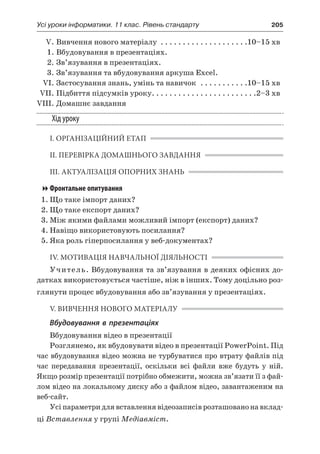 Усі уроки інформатики. 11 клас. Рівень стандарту	 205
	 V.	Вивчення нового матеріалу . . . . . . . . . . . . . . . . . . . . 10–15 хв
	 1.	Вбудовування в презентаціях.
	 2.	Зв’язування в презентаціях.
	 3.	Зв’язування та вбудовування аркуша Excel.
	 VI.	Застосування знань, умінь та навичок . . . . . . . . . . . 10–15 хв
	 VII.	Підбиття підсумків уроку. . . . . . . . . . . . . . . . . . . . . . . . 2–3 хв
	VIII.	Домашнє завдання
Хід уроку
І. ОРГАНІЗАЦІЙНИЙ ЕТАП
ІІ. ПЕРЕВІРКА ДОМАШНЬОГО ЗАВДАННЯ
ІІІ. АКТУАЛІЗАЦІЯ ОПОРНИХ ЗНАНЬ
Фронтальне опитування
1.	Що таке імпорт даних?
2.	Що таке експорт даних?
3.	Між якими файлами можливий імпорт (експорт) даних?
4.	Навіщо використовують посилання?
5.	Яка роль гіперпосилання у веб-документах?
IV. МОТИВАЦІЯ НАВЧАЛЬНОЇ ДІЯЛЬНОСТІ
Учитель. Вбудовування та зв’язування в деяких офісних до-
датках використовується частіше, ніж в інших. Тому доцільно роз-
глянути процес вбудовування або зв’язування у презентаціях.
V. ВИВЧЕННЯ НОВОГО МАТЕРІАЛУ
Вбудовування в презентаціях
Вбудовування відео в презентації
Розглянемо, як вбудовувати відео в презентації PowerPoint. Під
час вбудовування відео можна не турбуватися про втрату файлів під
час передавання презентації, оскільки всі файли вже будуть у  ній.
Якщо розмір презентації потрібно обмежити, можна зв’язати її з фай-
лом відео на локальному диску або з файлом відео, завантаженим на
веб-сайт.
Усі параметри для вставлення відеозаписів розташовано на вклад-
ці Вставлення у групі Медіавміст.
 