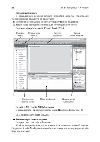 36	 О. В. Костриба, Р. І. Лещук
Візуальний режим
У  візуальному режимі процес розробки додатка (програми)
умовно можна поділити на два етапи:
1)	Внесення необхідних об’єктів у форму (вікно додатка).
2)	Запис коду обробників подій для необхідних об’єктів.
Головне вікно Microsoft Visual Basic 2010
Головне
меню
Стандартна
панель
Запуск
проекту
Огляд
розв’язання
Панель еле-
ментів меню
Опис помилок Властивості
елементів
Delphi RAD Studio XE (shareware)
Є візуальним «продовженням» мови Паскаль. (див. рис. 4)
VI. ЗАСТОСУВАНННЯ ЗНАНЬ
Виконання практичного завдання
Інструктаж із техніки безпеки.
Учні виконують комплекс вправ для зняття зорової втоми
(варіант 1 або 2). Вправи проводить староста класу (групи) або
його заступник.
 