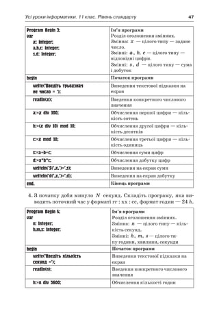 Усі уроки інформатики. 11 клас. Рівень стандарту	 47
Program Begin_3;
var
	 x: Integer;
	 a,b,c: Integer;
	 s,d: Integer;
Ім’я програми
Розділ оголошення змінних.
Змінна: x — цілого типу — задане
число.
Змінні: a, b, c — цілого типу —
відповідні цифри.
Змінні: s, d — цілого типу — сума
і добуток
begin Початок програми
	 write(’Введіть трьохзнач
	 не число = ’);
Виведення текстової підказки на
екран
	 readln(x); Введення конкретного числового
значення
	 a:=x div 100; Обчислення першої цифри — кіль-
кість сотень
	 b:=(x div 10) mod 10; Обчислення другої цифри — кіль-
кість десятків
	 c:=x mod 10; Обчислення третьої цифри — кіль-
кість одиниць
	 s:=a+b+c; Обчислення суми цифр
	 d:=a*b*c; Обчислення добутку цифр
	 writeln(’S(’,x,’)=’,s); Виведення на екран суми
	 writeln(’d(’,x,’)=’,d); Виведення на екран добутку
end. Кінець програми
4.	З початку доби минуло N секунд. Складіть програму, яка ви-
водить поточний час у форматі гг : хх : сс, формат годин — 24 h.
Program Begin_4;
var
	 n: Integer;
	 h,m,s: Integer;
Ім’я програми
Розділ оголошення змінних.
Змінна: n — цілого типу — кіль-
кість секунд.
Змінні: h, m, s— цілого ти-
пу години, хвилини, секунди
begin Початок програми
	 write(’Введіть кількість
	 секунд =’);
Виведення текстової підказки на
екран
	 readln(n); Введення конкретного числового
значення
	 h:=n div 3600; Обчислення кількості годин
 