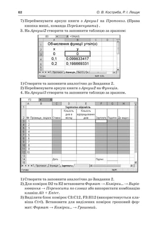 62	 О. В. Костриба, Р. І. Лещук
7)	Перейменувати аркуш книги з  Аркуш1 на Протокол. (Права
кнопка миші, команда Перейменувати) .
3.	На Аркуші2 створити та заповнити таблицю за зразком:
1)	Створити та заповнити аналогічно до Завдання 2.
2)	Перейменувати аркуш книги з Аркуш2 на Функція.
4.	На Аркуші3 створити та заповнити таблицю за зразком.
1)	Створити та заповнити аналогічно до Завдання 2.
2)	Для комірок D2 та Е2 встановити Формат → Комірки... → Вирів-
нювання → Переносити по словах або використати комбінацію
клавіш Alt + Enter.
3)	Виділити блок комірок С3:С12, F3:H12 (використовується кла-
віша Ctrl). Встановити для виділених комірок грошовий фор-
мат: Формат → Комірки... → Грошовий.
 