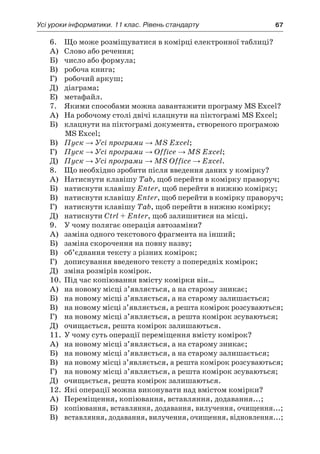 Усі уроки інформатики. 11 клас. Рівень стандарту	 67
6.	 Що може розміщуватися в комірці електронної таблиці?
	 А)	 Слово або речення;
	 Б)	 число або формула;
	 В)	 робоча книга;
	 Г)	 робочий аркуш;
	 Д)	 діаграма;
	 Е)	 метафайл.
7.	 Якими способами можна завантажити програму MS Excel?
	 А)	 На робочому столі двічі клацнути на піктограмі MS Excel;
	 Б)	 клацнути на піктограмі документа, створеного програмою
MS Excel;
	 В)	 Пуск → Усі програми → MS Excel;
	 Г)	 Пуск → Усі програми → Office → MS Excel;
	 Д)	 Пуск → Усі програми → MS Office → Excel.
8.	 Що необхідно зробити після введення даних у комірку?
	 А)	 Натиснути клавішу Tab, щоб перейти в комірку праворуч;
	 Б)	 натиснути клавішу Enter, щоб перейти в нижню комірку;
	 В)	 натиснути клавішу Enter, щоб перейти в комірку праворуч;
	 Г)	 натиснути клавішу Tab, щоб перейти в нижню комірку;
	 Д)	 натиснути Ctrl + Enter, щоб залишитися на місці.
9.	 У чому полягає операція автозаміни?
	 А)	 заміна одного текстового фрагмента на інший;
	 Б)	 заміна скорочення на повну назву;
	 В)	 об’єднання тексту з різних комірок;
	 Г)	 дописування введеного тексту з попередніх комірок;
	 Д)	 зміна розмірів комірок.
10.	 Під час копіювання вмісту комірки він…
	 А)	 на новому місці з’являється, а на старому зникає;
	 Б)	 на новому місці з’являється, а на старому залишається;
	 В)	 на новому місці з’являється, а решта комірок розсуваються;
	 Г)	 на новому місці з’являється, а решта комірок зсуваються;
	 Д)	 очищається, решта комірок залишаються.
11.	 У чому суть операції переміщення вмісту комірок?
	 А)	 на новому місці з’являється, а на старому зникає;
	 Б)	 на новому місці з’являється, а на старому залишається;
	 В)	 на новому місці з’являється, а решта комірок розсуваються;
	 Г)	 на новому місці з’являється, а решта комірок зсуваються;
	 Д)	 очищається, решта комірок залишаються.
12.	 Які операції можна виконувати над вмістом комірки?
	 А)	 Переміщення, копіювання, вставляння, додавання...;
	 Б)	 копіювання, вставляння, додавання, вилучення, очищення...;
	 В)	 вставляння, додавання, вилучення, очищення, відновлення...;
 