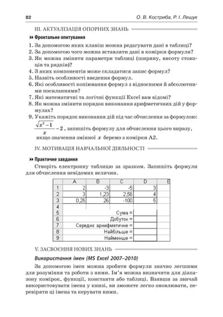 82	 О. В. Костриба, Р. І. Лещук
ІІІ. АКТУАЛІЗАЦІЯ ОПОРНИХ ЗНАНЬ
Фронтальне опитування
1.	За допомогою яких клавіш можна редагувати дані в таблиці?
2.	За допомогою чого можна вставляти дані в комірки формули?
3.	Як можна змінити параметри таблиці (ширину, висоту стовп-
ців та рядків)?
4.	З яких компонентів може складатися запис формул?
5.	Назвіть особливості введення формул.
6.	Які особливості копіювання формул з відносними й абсолютни-
ми посиланнями?
7.	Які математичні та логічні функції Excel вам відомі?
8.	Як можна змінити порядок виконання арифметичних дій у фор-
мулах?
9.	Укажіть порядок виконання дій під час обчислення за формулою:
х
х
2
1
2
−
− , запишіть формулу для обчислення цього виразу,
якщо значення змінної x беремо з комірки А2.
IV. МОТИВАЦІЯ НАВЧАЛЬНОЇ ДІЯЛЬНОСТІ
Практичне завдання
Створіть електронну таблицю за зразком. Запишіть формули
для обчислення невідомих величин.
V. ЗАСВОЄННЯ НОВИХ ЗНАНЬ
Використання імен (MS Excel 2007–2010)
За допомогою імен можна зробити формули значно легшими
для розуміння та роботи з ними. Ім’я можна визначити для діапа-
зону комірок, функції, константи або таблиці. Взявши за звичай
використовувати імена у книзі, ви зможете легко оновлювати, пе-
ревіряти ці імена та керувати ними.
 