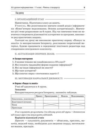 Усі уроки інформатики. 11 клас. Рівень стандарту	 9
Хід уроку
І. ОРГАНІЗАЦІЙНИЙ ЕТАП
Привітання. Підготовка класу до занять.
Учитель. Ми розпочинаємо вивчати новий розділ інформати-
ки «Комп’ютерне моделювання. Основи алгоритмізації». Вивчен-
ня цієї теми розраховане на 6 годин. Під час вивчення теми ви на-
вчитеся створювати різноманітні алгоритми та програми, виконає-
те ряд практичних завдань.
Сьогодні на уроці ми виконаємо практичну вправу «Пошук та
аналіз» із використанням Інтернету, розглянемо теоретичний ма-
теріал, будемо працювати в середовищі текстового редактора над
створенням електронного конспекту.
ІІ. АКТУАЛІЗАЦІЯ ОПОРНИХ ЗНАНЬ
Експрес-повторення
1.	З якими темами ми ознайомилися в 10 класі?
2.	Які існують традиційні форми подання інформації?
3.	Які ще види інформації ви знаєте?
4.	Що таке алгоритм?
5.	Що означає вираз «постановка задачі»?
ІІІ. МОТИВАЦІЯ НАВЧАЛЬНОЇ ДІЯЛЬНОСТІ
Вправа «Пошук та аналіз»
Учні об’єднуються в 4 групи.
Завдання
Використовуючи ресурси Інтернету, заповніть таблицю.
Проект Проектування Модель Моделювання
Означення, пояснення
Властивості (етапи)
Типи
Приклади
Учні слухають результати (по одному учню від групи + доповнення
від інших груп) та аналізують відповіді.
Варіанти відповідей учнів
Проект — сукупність документів — обчислень, креслень, ма-
кетів, моделей тощо, необхідних для зведення споруд, виготовлен-
ня машин, приладів.
 