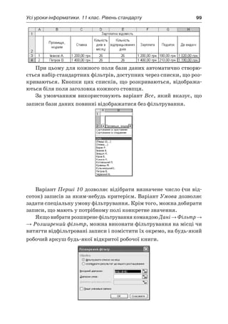 Усі уроки інформатики. 11 клас. Рівень стандарту	 99
При цьому для кожного поля бази даних автоматично створю-
ється набір стандартних фільтрів, доступних через списки, що роз-
криваються. Кнопки цих списків, що розкриваються, відобража-
ються біля поля заголовка кожного стовпця.
За умовчанням використовують варіант Все, який вказує, що
записи бази даних повинні відображатися без фільтрування.
Варіант Перші 10 дозволяє відібрати визначене число (чи від-
соток) записів за яким-небудь критерієм. Варіант Умова дозволяє
задати спеціальну умову фільтрування. Крім того, можна добирати
записи, що мають у потрібному полі конкретне значення.
Якщо вибрати розширене фільтрування командою Дані → Фільтр →
→ Розширений фільтр, можна виконати фільтрування на місці чи
витягти відфільтровані записи і помістити їх окремо, на будь-який
робочий аркуш будь-якої відкритої робочої книги.
 
