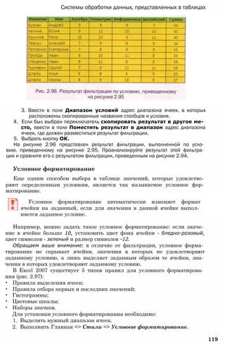 Системы обработки данных, представленных в таблицах
3. Ввести в поле Диапазон условий адрес диапазона ячеек, в которых
расположены скопированные названия столбцов и условия.
4. Если был выбран переключатель скопировать результат в другое ме­
сто, ввести в поле Поместить результат в диапазон адрес диапазона
ячеек, где должен разместиться результат фильтрации.
5. Выбрать кнопку ОК.
На рисунке 2.96 представлен результат фильтрации, выполненной по усло­
вию, приведенному на рисунке 2.95. Проанализируйте результат этой фильтра­
ции и сравните его с результатом фильтрации, приведенным на рисунке 2.94.
Условное форматирование
Еще одним способом выбора в таблице значений, которые удовлетво­
ряют определенным условиям, является так называемое условное фор­
матирование.
Условное форматирование автоматически изменяет формат
ячейки на заданный, если для значения в данной ячейке выпол­
няется заданное условие.
Например, можно задать такое условное форматирование: если значе­
ние в ячейке больше 10, установить цвет фона ячейки - бледно-розовый,
цвет символов - зеленый и размер символов -12.
Обращаем ваше внимание: в отличие от фильтрации, условное форма­
тирование не скрывает ячейки, значения в которых не удовлетворяют
заданному условию, а лишь выделяет заданным образом те ячейки, зна­
чения в которых удовлетворяют заданному условию.
В Excel 2007 существует 5 типов правил для условного форматирова­
ния (рис. 2.97):
• Правила выделения ячеек;
• Правила отбора первых и последних значений;
• Гистограммы;
• Цветовые шкалы;
• Наборы значков.
Для установки условного форматирования необходимо:
1. Выделить нужный диапазон ячеек.
2. Выполнить Главная => Стили => Условное форматирование.
119
 