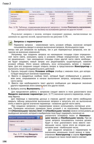 Глава 3
Результат запроса с полем, которое содержит данные, вычисленные по
данным из других полей, представлен на рисунке 3.76.
Запросы с параметрами
Параметр запроса - изменяемая часть условия отбора, значение которой
пользователь вводит в начале выполнения запроса. Используются пара­
метры как для запросов на выборку, так и для перекрестных запросов, или за­
просов на внесение изменений.
Например, при создании запроса на нахождение площади стран определен­
ной части света, указывать сразу в условиях отбора определенную часть света
не рационально - при нахождении площади стран другой части света необходи­
мо будет создавать новый запрос или редактировать существующий, изменяя
условия отбора. Этого можно избежать, если использовать запрос с параме­
тром. Для его создания следует открыть запрос в представлении Конструктор и
выполнить такую последовательность действий:
1. Сделать текущей строку Условие отбора столбца с именем поля, для которо­
го будет вводиться значение параметра.
2. Ввести в квадратных скобках текст, который будет отображаться в диалого­
вом окне, открываемом в начале выполнения запроса, например [Название
части света].
3. Ввести при необходимости текст другого сообщения для введения значения
другого параметра этого самого поля или других полей.
4. Выбрать кнопку Выполнить
Для продолжения работы с запросом следует ввести в поле диалогового окна
Введите значение параметра (рис. 3.77) значение нужного параметра, напри­
мер Африка.
Для перехода к просмотру данных о странах другой части света необходимо
закрыть таблицу результатов выполнения запроса и запустить его на выполнение
опять и ввести другое значение параметра - название другой части света.
При создании запросов с параметрами можно использовать составные усло­
вия. Приведем несколько примеров таких условий с их описанием. Выражение
>=[Наименьшее число] And <=[Наибольшее число] можно использовать для
выведения записей, которые в выбранном поле будут содержать значения из
указанного интервала чисел от Наимень­
шее число до Наибольшее число. При за­
пуске запроса пользователь сначала должен
будет в поле диалогового окна ввести наи­
меньшее число, после этого во втором диа­
логовом окне - наибольшее число.
Для создания запросов с параметром по
значениям нескольких полей можно в пред­
ставлении Конструктор в строке Критерии
для каждого из таких полей ввести соответ-
196
 