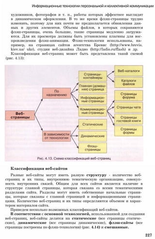 Информационные технологии персональной и коллективной коммуникации
художников, фотографов и т. п., работы которых эффектнее выглядят
в динамическом оформлении. В то же время флэш-страницы трудно
изменять, поэтому для них почти не предполагается обновления дан­
ных и других элементов. Объемы файлов, в которых сохраняются
флэш-страницы, очень большие, такие страницы медленно загружа­
ются. Для их просмотра должны быть установлены плагины для вос­
произведения флэш-анимации. Флэш-технологии использованы, на­
пример, на страницах сайтов агентства Бревис (http://www.brevis.
kiev.ua/ ukr), студии веб-дизайна Ладио (http://ladio.ru/flash) и др.
Классификация веб-страниц может быть представлена такой схемой
(рис. 4.13):
Классификация веб-сайтов
Разные веб-сайты могут иметь разную структуру - количество веб­
страниц и их типы, внутреннюю тематическую организацию, совокуп­
ность внутренних связей. Общим для всех сайтов является наличие в
структуре главной страницы, которая связана со всеми тематическими
разделами сайта. Разделы могут иметь собственные начальные страни­
цы, которые связаны с главной страницей и информационными страни­
цами. Количество веб-страниц и их типы определяются объемом и харак­
тером материалов сайта.
Приведем несколько возможных классификаций веб-сайтов.
В соответствии с основной технологией, использованной для создания
веб-страниц, веб-сайты делятся на статические (все страницы статиче­
ские), динамические (все страницы динамические), флэш-сайты (все
страницы построены по флэш-технологии) (рис. 4.14) и смешанные.
227
 