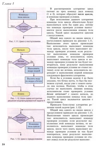 Глава 1
В рассмотренном алгоритме цикл
состоит из трех команд: двух команд
(1 и 2), которые образуют тело цикла,
и команды проверки условия.
При исполнении данного алгоритма
команды тела цикла обязательно будут
выполняться хотя бы один раз, потому
что команда проверки условия выпол­
няется после выполнения команд тела
цикла. Такой цикл называется циклом
с постусловием.
Общий вид одного из видов цикла с
постусловием приведен на рисунке 1.11.
Выполнение этого цикла происходит
так: исполнитель выполняет команды
тела цикла, после чего выполняет ко­
манду проверки условия; если резуль­
тат выполнения команды проверки
условия ложь, то исполнитель опять
выполняет команды тела цикла и ко­
манду проверки условия (и так будет по­
вторяться, пока результат выполнения
команды проверки условия не станет ис­
тина); если же истина, исполнитель пе­
реходит к выполнению первой команды
следующего фрагмента алгоритма.
Если бы в условии задачи 4 не было
указано, что бочка пуста, то был бы воз­
можен случай, когда уже с самого нача­
ла она полная. Поэтому, чтобы в этом
случае не выполнять лишних команд,
исполнителю стоит проверить условие
Бочка неполная? с самого начала, до
первого выполнения команд тела цик­
ла. Такой цикл называется циклом с
предусловием.
Приведем блок-схему алгоритма ре­
шения такой задачи (рис. 1.12).
Общий вид одного из видов цикла с
предусловием приведен на рисунке 1.13.
Выполнение такого цикла происходит
так: исполнитель выполняет команду
проверки условия; если результат вы­
полнения этой команды истина, то ис­
полнитель выполняет команды тела
цикла, после чего опять выполняет ко­
манду проверки условия (и так будет
повторяться, пока результат выполне­
ния команды проверки условия не ста­
нет ложь); если же результат выполне-
24
 
