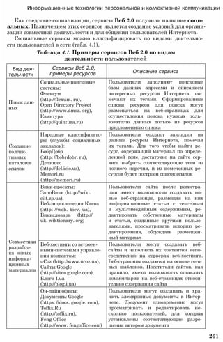 Информационные технологии персональной и коллективной коммуникации
Как следствие социализации, сервисы Веб 2.0 получили название соци­
альных. Назначением этих сервисов является создание условий для органи­
зации совместной деятельности и для общения пользователей Интернета.
Социальные сервисы можно классифицировать по видами деятельно­
сти пользователей в сети (табл. 4.1).
Таблица 4.1. Примеры сервисов Веб 2.0 по видам
деятельности пользователей
261
Вид дея­
тельности
Сервисы Веб 2.0,
примеры ресурсов Описание сервиса
Поиск дан­
ных
Социальные поисковые
системы:
Флексум
(http://flexum. ru),
Open Directory Project
(http://www.dmoz. org),
Квинтура
(http://quintura.ru)
Пользователи заполняют поисковые
базы данных адресами и описанием
интересных ресурсов Интернета, по­
мечают их тегами. Сформированные
списки ресурсов для поиска могут
размещаться на веб-страницах для
осуществления поиска нужных поль­
зователю данных только из ресурсов
предложенного списка
Создание
коллек­
тивных
каталогов
ссылок
Народные классификато­
ры (службы социальных
закладок):
БобрДобр
(http: //bobrdobr. ru),
Делишес
(http://del.icio.us),
Memori.ru
(http://memori.ru)
Пользователи создают закладки на
разные ресурсы Интернета, помечая
их тегами. Для того чтобы найти ре­
сурс, содержащий материал по опреде­
ленной теме, достаточно на сайте сер­
виса выбрать соответствующие теги из
полного перечня, и из помеченных ре­
сурсов будет построен список ссылок
Совместная
разработ­
ка новых
информа­
ционных
материалов
Вики-проекты:
ЗапоВики (http://wiki.
ciit.zp.ua),
Веб-энциклопедия Киева
(http: //wek. kiev. ua),
Викисловарь (http://
uk. wiktionary. org)
Пользователи сайта после регистра­
ции имеют возможности создавать но­
вые веб-страницы, размещая на них
информационные статьи с текстовым
и мультимедийным содержимым, ре­
дактировать собственные материалы
и статьи, созданные другими пользо­
вателями, просматривать историю ре­
дактирования, обсуждать размещен­
ный материал
Веб-хостинги со встроен­
ными системами управле­
ния контентом:
uCoz (http://www.ucoz.ua),
Сайты Google
(http://sites.google.com),
Блоги I.ua
(http://blog.i.ua)
Пользователи могут создавать веб­
сайты и наполнять их контентом непо­
средственно на серверах веб-хостинга.
Веб-страницы создаются на основе гото­
вых шаблонов. Посетители сайтов, как
правило, имеют возможность оставлять
комментарии на веб-страницах относи­
тельно содержания сайта
Он-лайн офисы:
Документы Google
(https: //docs. google. com),
Toffix.Ru
(http://toffix.ru),
Feng Office
(http://www. fengoffice.com)
Пользователи могут создавать и хра­
нить электронные документы в Интер­
нете. Документ одновременно могут
просматривать и редактировать не­
сколько пользователей, для которых
установлены соответствующие разре­
шения автором документа
 