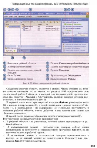 Созданная рабочая область появится в списке. Чтобы открыть ее, нуж­
но дважды щелкнуть на ее имени, на рисунке 4.53 представлено окно
стандартной рабочей области, в которой для пользователей предоставля­
ется два средства - Файлы и Обсуждения, ярлыки вкладок которых рас­
положены в нижней части окна (10, 9).
В верхней части окна при открытой вкладке Файлы размещены меню
(2) и панель инструментов (3), в левой части окна - дерево папок этой об­
ласти (4), в центральной - их содержание (5). Используя инструменты и
команды рабочей области, можно добавить в нее файлы или папки для
общего пользования.
В правой части экрана отображается список участников группы (6).
Все участники распределяются на три категории:
• В рабочей области - те участники, которые сейчас присутствуют в ра­
бочей области.
• В интерактивном режиме - пользователи, которые сейчас имеют
подключение к Интернету и установленную программу Groove, но не
присоединились к рабочей группе.
• В автономном режиме - пользователи, которые присоединились к
группе, но на данный момент не подключены к Интернету или про­
грамма Groove у них не запущена.
283
Информационные технологии персональной и коллективной коммуникации
 