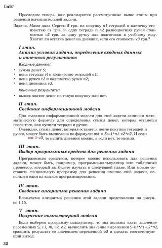 Глава1
Проследим теперь, как реализуются рассмотренные выше этапы при
решении вычислительной задачи.
Задача. Мама дала Сергею S грн. на покупку n1 тетрадей в клеточку сто­
имостью v1 грн. за одну тетрадь и n2 разноцветных ручек стои­
мостью v2 грн. за одну ручку для подготовки к учебному году.
Хватит ли остатка денег на дневник, если его стоимость v3 грн.?
I этап.
Анализ условия задачи, определение входных данных
и конечных результатов
Входные данные:
• сумма денег S;
• цена тетради vl и количество тетрадей n1;
• цена ручки v2 и количество ручек n2;
• цена дневника v3.
Конечные результаты:
• вывод: хватит денег на такую покупку или нет.
II этап.
Создание информационной модели
Для создания информационной модели для этой задачи запишем мате­
матическую формулу для определения суммы денег, которая останется
после того, как купили тетради и ручки.
Очевидно, сумма денег, которая останется после покупки тетрадей и
ручек, может быть вычислена по формуле: ost = S-v1*n1-v2*n2. И если
, то купить дневник можно, а если нет, то нельзя.
III этап.
Выбор программных средств для решения задачи
Программным средством, которое можно использовать для решения
задачи, может быть, например, программа-калькулятор или табличный
процессор, который вы будете изучать в следующей главе. Или можно со­
ставить специальную программу для решения именно этой задачи, ис­
пользуя один из языков программирования.
IV этап.
Создание алгоритма решения задачи
Блок-схема алгоритма решения этой задачи представлена на рисун­
ке 1.15.
V этап.
Получение компьютерной модели
Если выберем программу-калькулятор, то мы должны взять значение
переменных S, v1, nl, v2, n2, вычислить значение выражения S-v1*n1-v2*n2,
сравнить результат со значением переменной оЗ и сделать соответствую­
щий вывод.
32
 
