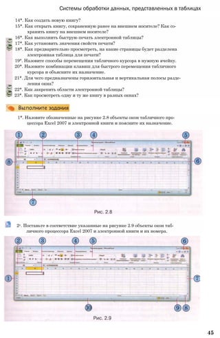 Системы обработки данных, представленных в таблицах
14*. Как создать новую книгу?
15*. Как открыть книгу, сохраненную ранее на внешнем носителе? Как со­
хранить книгу на внешнем носителе?
16*. Как выполнить быструю печать электронной таблицы?
17*. Как установить значения свойств печати?
18*. Как предварительно просмотреть, на какие страницы будет разделена
электронная таблица для печати?
19°. Назовите способы перемещения табличного курсора в нужную ячейку.
20*. Назовите комбинации клавиш для быстрого перемещения табличного
курсора и объясните их назначение.
21*. Для чего предназначены горизонтальная и вертикальная полосы разде­
ления окна?
22*. Как закрепить области электронной таблицы?
23*. Как просмотреть одну и ту же книгу в разных окнах?
1*. Назовите обозначенные на рисунке 2.8 объекты окон табличного про­
цессора Excel 2007 и электронной книги и поясните их назначение.
2е. Поставьте в соответствие указанные на рисунке 2.9 объекты окон таб­
личного процессора Excel 2007 и электронной книги и их номера.
45
 