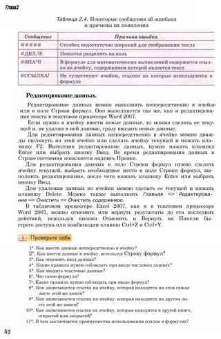 Глава2
Таблица 2.4. Некоторые сообщения об ошибках
и причины их появления
Редактированиеданных.
Редактирование данных можно выполнять непосредственно в ячейке
или в поле Строки формул. Оно выполняется так же, как и редактирова­
ние текста в текстовом процессоре Word 2007.
Если нужно в ячейку ввести новые данные, то можно сделать ее теку­
щей и, не удаляя в ней данные, сразу вводить новые данные.
Для редактирования данных непосредственно в ячейке можно дваж­
ды щелкнуть на этой ячейке или сделать ячейку текущей и нажать кла­
вишу F2. Выполнив редактирование данных, нужно нажать клавишу
Enter или выбрать кнопку Ввод. Во время редактирования данных в
Строке состояния появляется надпись Правка.
Для редактирования данных в поле Строки формул нужно сделать
ячейку текущей, выбрать необходимое место в поле Строки формул, вы­
полнить редактирование, после чего нажать клавишу Enter или выбрать
кнопку Ввод.
Для удаления данных из ячейки можно сделать ее текущей и нажать
клавишу Delete. Можно также выполнить Главная => Редактирова­
ние => Очистить => Очистить содержимое.
В табличном процессоре Excel 2007, как и в текстовом процессоре
Word 2007, можно отменить или вернуть результаты до ста последних
действий, используя кнопки Отменить и Вернуть на Панели бы­
строго доступа или комбинации клавиш Ctrl+Z и Ctrl+Y.
1°. Как ввести данные непосредственно в ячейку?
2°. Как ввести данные в ячейку, используя Строку формул?
3°. Как отменить ввод данных?
4*. Какие правила нужно соблюдать при вводе числовых данных?
5*. Как вводить текстовые данные?
6°. Что такое формула?
7е. Какие правила нужно соблюдать при вводе формул?
8*. Как записывается ссылка на ячейку, которая находится на этом самом
листе этой же книги?
9*. Как записывается ссылка на ячейку, которая находится на другом ли­
сте этой же книги?
10*. Как записывается ссылка на ячейку, которая находится в другой книге,
открытой или закрытой?
11*. В чем заключаются преимущества использования ссылок в формулах?
52
 